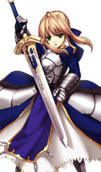 Rule 34 | 1girl, armor, armored dress, artoria pendragon (all), artoria pendragon (fate), bad id, bad pixiv id, blonde hair, blue dress, dress, fate/stay night, fate/zero, fate (series), gauntlets, green eyes, hair ribbon, metal gloves, multicolored clothes, multicolored dress, open mouth, ribbon, saber (fate), solo, sword, takemori shintarou, weapon, white dress