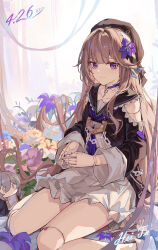 Rule 34 | 1girl, absurdres, bare legs, brown hair, character name, choker, closed mouth, dated, doll joints, dress, flower, hair flower, hair ornament, herta (honkai: star rail), highres, honkai: star rail, honkai (series), jewelry, joints, key, key necklace, light smile, long hair, long sleeves, looking at viewer, necklace, off shoulder, purple choker, purple eyes, sitting, smile, solo, stelle (honkai: star rail), stuffed toy, thighs, trailblazer (honkai: star rail), wariza, wide sleeves, yajuu
