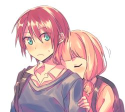 Rule 34 | 2girls, alternate hair length, alternate hairstyle, backpack, bag, bang dream!, blue eyes, blue shirt, blush, closed eyes, frown, hands on another&#039;s arms, head on back, low twintails, multiple girls, pink hair, pink shirt, re ghotion, shirt, short hair, simple background, sweatdrop, twintails, u u, udagawa tomoe, uehara himari, upper body, white background