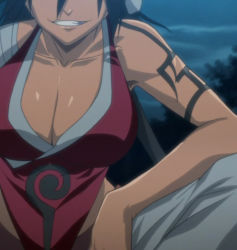 Rule 34 | 1girl, bleach, breasts, cleavage, female focus, large breasts, night, screencap, shiba kuukaku, solo, stitched, tattoo, third-party edit