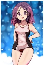 Rule 34 | 1girl, black one-piece swimsuit, black survival, blush, braid, braided bangs, breasts, commentary request, feet out of frame, highres, hyejin (black survival), kurodani yamame, long hair, looking at viewer, medium breasts, one-piece swimsuit, open mouth, purple eyes, purple hair, rinyamame, shiny skin, smile, solo, sparkle, swimsuit, touhou, two-tone swimsuit, white one-piece swimsuit