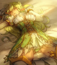 Rule 34 | 1girl, bed sheet, berg-yb, boots, corset, elf, elsword, gluteal fold, grand archer (elsword), green hair, highres, lying, on back, panties, pointy ears, puffy sleeves, rena erindel, solo, spread legs, striped clothes, striped panties, thigh boots, thighhighs, underwear
