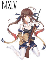 Rule 34 | 1girl, battle rifle, black bra, blue skirt, bra, breasts, brown eyes, brown hair, brown jacket, chinese commentary, clark (159123), cleavage, full body, girls&#039; frontline, gun, hair ribbon, highres, holding, holding gun, holding weapon, jacket, long hair, looking at viewer, m14, m14 (girls&#039; frontline), medium breasts, multicolored hair, no shoes, on floor, open mouth, ribbon, rifle, skirt, solo, streaked hair, thighhighs, torn clothes, torn jacket, torn thighhighs, twintails, underwear, weapon, white background, white thighhighs