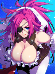 Rule 34 | 1girl, ahoge, blue eyes, breasts, cleavage, eyepatch, fate/grand order, fate (series), francis drake (fate), hair ribbon, large breasts, long hair, looking at viewer, one eye covered, pink hair, ribbon, scar, scar on face, smile, solo, weapon, zanshi