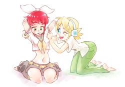 Rule 34 | 2girls, amputee, armless amputee, arms up, barefoot, belt, blonde hair, blue eyes, blush, bow, cosplay, costume switch, crossover, detached leggings, double amputee, green eyes, hair bow, hair ornament, hairclip, headset, kagamine rin, katawa shoujo, kneeling, midriff, multiple girls, name connection, navel, one eye closed, pants, red hair, rtil, short hair, shorts, sitting, tezuka rin, vocaloid, wariza, wink