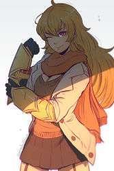 Rule 34 | 1girl, ahoge, blonde hair, breasts, cleavage, garter straps, gloves, jacket, koyorin, long hair, looking at viewer, miniskirt, one eye closed, open clothes, open jacket, pleated skirt, purple eyes, rwby, scarf, signature, skirt, smile, solo, watermark, web address, yang xiao long