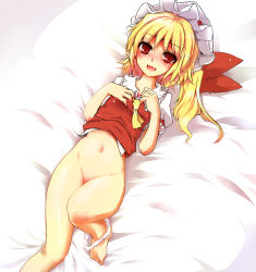 Rule 34 | 1girl, ascot, bare legs, barefoot, blonde hair, blush, bottomless, bow, artistic error, fangs, female focus, flandre scarlet, groin, hands on own chest, harii, harry (namayake), hat, hat bow, lying, navel, on back, on bed, open mouth, panties, panties around leg, red eyes, short hair, side ponytail, smile, solo, touhou, underwear, white panties