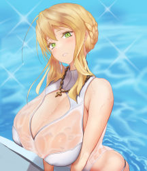 Rule 34 | 1girl, alternate costume, artoria pendragon (all), artoria pendragon (fate), artoria pendragon (swimsuit ruler) (fate), artoria pendragon (swimsuit ruler) (second ascension) (fate), bad id, bad pixiv id, bare shoulders, blonde hair, blush, braid, breasts, cleavage, cross, cross necklace, fate (series), green eyes, grin, hair between eyes, huge breasts, jewelry, necklace, nurun nuruntius, partially submerged, see-through, sidelocks, smile, swimsuit, water, wet