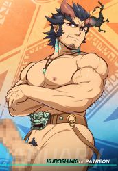Rule 34 | 1boy, abs, bad id, bad twitter id, bara, blue hair, censored, cowboy shot, crossed arms, dark blue hair, demon boy, erection, facial hair, fang, fiery horns, highres, horns, jewelry, kuroshinki, large pectorals, long sideburns, looking at viewer, male focus, mosaic censoring, muscular, nipples, nude, paid reward available, pectorals, penis, red eyes, scar, short hair, sideburns, solo, stubble, takemaru (housamo), thick eyebrows, thick thighs, thighs, tokyo houkago summoners, upper body, veins