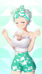 Rule 34 | 1girl, absurdres, bad id, bad pixiv id, bare arms, bare shoulders, bigxixi, blue eyes, breasts, bubble tea, camisole, chromatic aberration, closed mouth, collarbone, cowboy shot, cup, disposable cup, drinking straw, fingernails, green hair, green shorts, hands up, high-waist shorts, highres, large breasts, object on breast, original, short shorts, shorts, smile, solo, w arms, white camisole