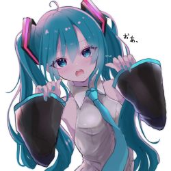 Rule 34 | 1girl, absurdres, ahoge, aqua eyes, aqua hair, aqua nails, aqua necktie, artist name, backlighting, bare shoulders, black sleeves, breasts, commentary, detached sleeves, grey shirt, hair ornament, hands up, hatsune miku, highres, katorea, light blush, long hair, looking at viewer, nail polish, necktie, open mouth, shirt, sleeveless, sleeveless shirt, sleeves past wrists, small breasts, solo, translated, twintails, upper body, very long hair, vocaloid, white background
