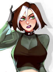 Rule 34 | 1girl, animification, black collar, black gloves, black tank top, breasts, brown hair, cleavage, clenched teeth, collar, dyed bangs, gloves, green eyes, highres, large breasts, lipstick, looking to the side, makeup, marvel, purple lips, qtori, rogue (x-men), see-through, see-through shirt, see-through sleeves, shirt, short hair, solo, tank top, teeth, transparent, white hair, x-men, x-men evolution