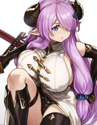 Rule 34 | 1girl, breasts, covered erect nipples, demon horns, draph, elbow gloves, fighting stance, gloves, granblue fantasy, hair over one eye, highres, holding, holding sword, holding weapon, horns, houtengeki, huge breasts, light purple hair, narmaya (granblue fantasy), pointy ears, purple eyes, sheath, solo, squatting, sword, thigh strap, weapon
