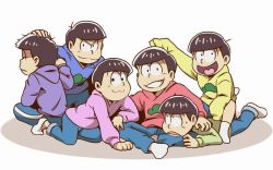 Rule 34 | 10s, 6+boys, brothers, brown hair, hood, hoodie, indian style, lying on person, male focus, matsuno choromatsu, matsuno ichimatsu, matsuno jyushimatsu, matsuno karamatsu, matsuno osomatsu, matsuno todomatsu, multiple boys, osomatsu-kun, osomatsu-san, osomatsu (series), sextuplets, shorts, siblings, simple background, sitting, sleeves past wrists, smile, socks, white background