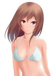 Rule 34 | 1girl, absurdres, arms at sides, bare arms, bare shoulders, breasts, bright pupils, brown hair, cleavage, collarbone, head tilt, highres, long hair, looking at viewer, medium breasts, original, pink lips, simple background, solo, straight hair, taka (takahirokun), tsurime, upper body, white background