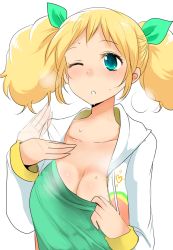 Rule 34 | 10s, 1girl, :o, aikatsu!, aikatsu! (series), aqua eyes, bad id, bad twitter id, blonde hair, blush, breasts, cleavage, collarbone, fanning face, fanning self, female focus, han (jackpot), hot, large breasts, one eye closed, parted lips, saegusa kii, simple background, solo, sweat, twintails, upper body, white background