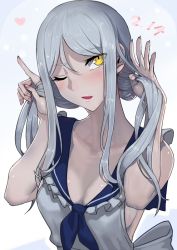 Rule 34 | 1girl, abyssal ship, alternate hairstyle, apron, blush, breasts, cleavage, collarbone, commentary request, hair between eyes, heart, holding, holding hair, kantai collection, long hair, looking at viewer, medium breasts, one eye closed, open mouth, pale skin, simple background, smile, solo, ta-class battleship, twintails, valentine, walzrj, white hair, yellow eyes