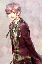 Rule 34 | 1boy, ahoge, argyle, argyle background, argyle clothes, arms behind back, bad id, bad pixiv id, character request, coat, collared shirt, doro (sabarudoro), dress shirt, earrings, from side, green ribbon, grey hair, grin, ikemen ooku, jewelry, long sleeves, looking at viewer, male focus, neck ribbon, non-web source, purple coat, ribbon, shirt, smile, solo, suspenders, suspenders hanging, tailcoat, upper body, vest, white shirt, wing collar, yellow eyes