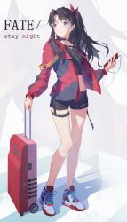 Rule 34 | 1girl, alternate costume, black choker, black hair, black shorts, blue eyes, cellphone, choker, command spell, commentary request, copyright name, crop top, earbuds, earphones, fate/stay night, fate (series), highres, jacket, listening to music, long hair, phone, red jacket, rolling suitcase, shorts, smartphone, solo, suitcase, thigh strap, tohsaka rin, two side up, yeh (354162698)