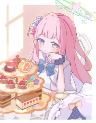 Rule 34 | 1girl, :t, absurdres, blue archive, blue bow, blue bowtie, blush, bow, bowtie, cake, cake slice, capelet, cup, dress, flower, food, hair bun, hair flower, hair ornament, halo, hand on own cheek, hand on own face, highres, long hair, looking at viewer, macaron, mika (blue archive), on chair, pastry, pink hair, rco as, scrunchie, sidelocks, single hair bun, single side bun, sitting, solo, sparkle, teacup, tiered tray, white capelet, white dress, wrist scrunchie, yellow eyes