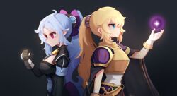 Rule 34 | 2girls, armor, back-to-back, black background, black cape, blonde hair, blue eyes, blue hair, bow, breasts, cape, character request, closed mouth, dungeon and fighter, from side, gloves, glowing, glowing hand, hair bow, highres, hwaryeok, long hair, long sleeves, maplestory, medium breasts, multiple girls, niu (dungeon and fighter), ponytail, purple bow, red eyes, short sleeves, shoulder armor, sidelocks, sword, weapon, white gloves, yellow armor
