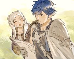 Rule 34 | 1boy, 1girl, abinosu0903, armor, blue hair, chrom (fire emblem), closed eyes, collarbone, commentary request, eyelashes, fire emblem, fire emblem awakening, highres, holding, holding paper, long hair, nintendo, open mouth, outdoors, paper, parted bangs, parted lips, robe, robin (female) (fire emblem), robin (fire emblem), short hair, shoulder armor, smile, sweat, twintails, walking, white hair, wide sleeves