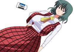Rule 34 | 1girl, amazon (taitaitaira), ascot, breasts, collared shirt, english text, eraser, female focus, frown, green hair, hand on own hip, kazami yuuka, large breasts, long skirt, long sleeves, open clothes, open vest, perspective, plaid, plaid skirt, plaid vest, red eyes, shirt, short hair, simple background, skirt, solo, taut clothes, taut shirt, touhou, vest, white background, white shirt