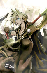 Rule 34 | 1990s (style), 1boy, absurdres, blonde hair, blue eyes, cloud strife, earrings, final fantasy, final fantasy vii, givuchoko, highres, jewelry, male focus, sitting, solo, sword, weapon