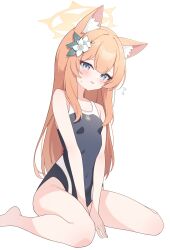 Rule 34 | 1girl, absurdres, animal ear fluff, animal ears, ass, bare arms, bare legs, bare shoulders, barefoot, black one-piece swimsuit, blue archive, blue eyes, blush, breasts, cat ears, halo, highres, long hair, looking at viewer, mari (blue archive), nonddu, one-piece swimsuit, open mouth, orange hair, school swimsuit, simple background, small breasts, solo, swimsuit, white background, yellow halo