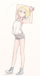 Rule 34 | 1girl, arched back, armpits, arms up, bare shoulders, blonde hair, camisole, enkyo yuuichirou, full body, looking away, no socks, red hair, see-through silhouette, shoes, short hair, short shorts, shorts, simple background, sneakers, solo