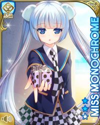 Rule 34 | 1girl, :o, blue eyes, blue jacket, blunt bangs, card, character name, checker pattern, day, frontal view, gift, girlfriend (kari), indoors, jacket, miss monochrome, miss monochrome (character), necktie, official art, open mouth, qp:flapper, school, school uniform, shirt, skirt, solo, tagme, thighhighs, twintails, white footwear, white hair, white shirt