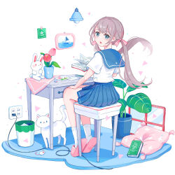 Rule 34 | 1girl, blue eyes, blue sailor collar, blue skirt, book, brown hair, cable, cat, cushion, desk, eraser, flower, hair between eyes, hair ribbon, hand on own knee, highres, holding, holding book, lamp, looking at viewer, looking back, low twintails, on chair, open mouth, original, picture frame, pink footwear, pink ribbon, plant, pleated skirt, potted plant, ribbon, sailor collar, shirt, sidelocks, sitting, skirt, slippers, socks, stuffed animal, stuffed mouse, stuffed rabbit, stuffed toy, trash can, triangle, tulip, twintails, white background, white cat, white shirt, white socks, yutukicom