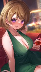Rule 34 | 1girl, breasts, cleavage, commentary request, cup, dress, drinking glass, glass, green dress, holding, holding cup, jewelry, koizumi hanayo, large breasts, looking at viewer, love live!, love live! school idol project, necklace, open mouth, purple eyes, short hair, sleeveless, sleeveless dress, smile, solo, suzushi moruto
