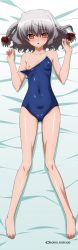 Rule 34 | bare legs, bare shoulders, bed, bell zephyr, blush, breasts, cameltoe, covered erect nipples, dakimakura (medium), feet, full body, grey hair, hair ornament, long image, navel visible through clothes, nipples, orange eyes, small breasts, sugimura tomokazu, swimsuit, tall image