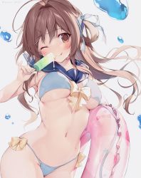 Rule 34 | 1girl, ;q, aomi maika, bikini, blue bikini, blue ribbon, breasts, brown eyes, brown hair, commentary request, food, grey background, hair ribbon, holding, holding swim ring, innertube, karory, large breasts, long hair, looking at viewer, navel, one eye closed, original, popsicle, ribbon, simple background, solo, swim ring, swimsuit, tongue, tongue out, twitter username, wet