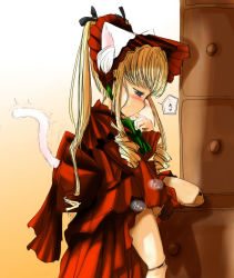 Rule 34 | 00s, 1girl, animal ears, blonde hair, blue eyes, blush, cat ears, cat girl, cat tail, crotch rub, doll joints, dress, female focus, female masturbation, indoors, joints, long hair, masturbation, no panties, rozen maiden, shinku, solo, sweat, tail, twintails