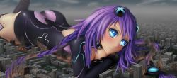 Rule 34 | 1girl, ass, blue eyes, blush, bodysuit, boots, braid, breasts, city, destruction, giant, giantess, gloves, hair ornament, highres, long hair, lying, neptune (neptunia), neptune (series), on stomach, purple hair, purple heart (neptunia), shiny clothes, smile, solo, thigh boots, thighhighs, twin braids, twintails, very long hair, zen-gts
