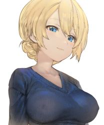 Rule 34 | 10s, 1girl, aos, blonde hair, blue eyes, blue sweater, blush, braid, breasts, collarbone, covered erect nipples, darjeeling (girls und panzer), girls und panzer, hair up, large breasts, looking at viewer, low neckline, no bra, see-through, simple background, smile, solo, sweater, tight clothes, white background