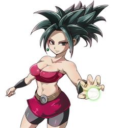 Rule 34 | 10s, 1girl, alternate costume, bare arms, bare shoulders, big hair, bike shorts, black eyes, black hair, breasts, cleavage, curvy, dragon ball, dragon ball super, earrings, female focus, fusion, hair up, jewelry, kefla (dragon ball), large breasts, navel, ponytail, potara earrings, potara fusion, red skirt, simple background, skirt, smile, solo, spiked hair, stomach, thighs, white background, wristband
