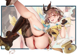 Rule 34 | 1girl, atelier (series), atelier ryza, atelier ryza 2, beret, black gloves, black thighhighs, boots, border, breasts, brown eyes, brown footwear, brown hair, cleavage, fingerless gloves, gloves, hair ornament, hat, legs, looking at viewer, medium breasts, obiwan, open mouth, red shorts, reisalin stout, short hair, short shorts, shorts, single thighhigh, smile, solo, thighhighs, thighs, white border, white hat, zoom layer