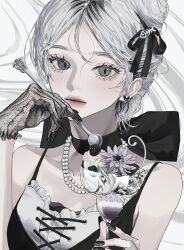 Rule 34 | 1girl, abstract background, bare shoulders, black gloves, black nails, black ribbon, closed mouth, cross-laced clothes, cross-laced top, earrings, fish bone hair ornament, flower, food, gloves, grey eyes, grey hair, hair ribbon, heterochromia, highres, holding, holding spoon, ice cream, jewelry, kirochy, lace, lace gloves, looking at viewer, nail polish, necklace, original, pearl necklace, ribbon, single glove, sleeveless, slit pupils, solo, spaghetti strap, spoon, upper body