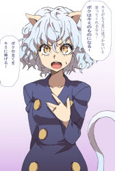 Rule 34 | 1girl, animal ears, cat ears, fumitan (humitan), hand on own chest, hunter x hunter, neferpitou, open mouth, solo, sweatdrop, tail, translation request, wavy hair, white hair, yellow eyes