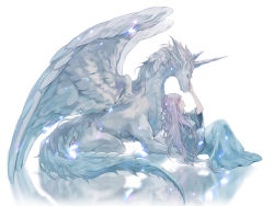 Rule 34 | 1girl, closed mouth, dragon, fantasy, feathered wings, hand on another&#039;s head, horns, long hair, original, petting, purple hair, reflection, saeldam, sitting, solo, western dragon, white background, wings