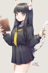 Rule 34 | 1girl, :o, animal ears, artist logo, black hair, black shirt, black skirt, blunt bangs, book, brown eyes, cat ears, cat tail, commentary, fang, grey background, hands up, highres, holding, holding book, holding tail, ki chan, long hair, long sleeves, looking at viewer, original, paw print, pleated skirt, sailor collar, school uniform, shirt, signature, skindentation, skirt, solo, symbol-only commentary, tail, thighhighs, whiskers, white thighhighs, zettai ryouiki