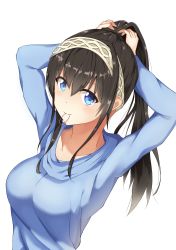 Rule 34 | 1girl, absurdres, aiban, black hair, blue eyes, blush, breasts, commentary request, hair tie, hairband, highres, idolmaster, idolmaster cinderella girls, large breasts, light blush, long hair, looking at viewer, mouth hold, ponytail, sagisawa fumika, smile, solo, white background