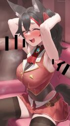 Rule 34 | 1girl, 2boys, animal ear fluff, animal ears, armpits, arms behind head, ascot, bare arms, belt, black choker, black hair, black thighhighs, blush, breasts, brooch, brown belt, censored, choker, cleavage, closed eyes, cosplay, couch, covered navel, cropped jacket, erection, frikulu, frilled choker, frilled shirt collar, frills, hair between eyes, hetero, highres, hololive, houshou marine, houshou marine (1st costume), houshou marine (cosplay), jacket, jewelry, lace, lace-trimmed legwear, lace trim, large breasts, leather belt, leotard, leotard under clothes, long hair, looking at viewer, miniskirt, multicolored hair, multiple boys, multiple penises, nervous smile, on couch, ookami mio, open mouth, penis, pleated skirt, red ascot, red hair, red jacket, red skirt, see-through, see-through cleavage, see-through leotard, sitting, skirt, sleeveless, sleeveless jacket, smile, solo focus, streaked hair, sweat, tail, thighhighs, virtual youtuber, wolf ears, wolf girl, wolf tail