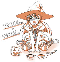 Rule 34 | 1girl, blush, collar, female focus, food, fruit, halloween, hat, hinanawi tenshi, jack-o&#039;-lantern, long hair, monochrome, orange theme, peach, pumpkin, red eyes, solo, striped clothes, striped thighhighs, thighhighs, ton-ton, touhou, trick or treat, whip, witch hat