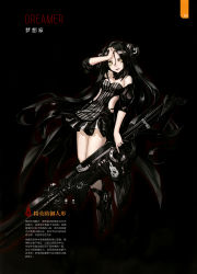 Rule 34 | 1girl, absurdres, artist request, bare shoulders, black background, black dress, black footwear, black hair, blank stare, breasts, buttons, character name, chinese text, cleavage, cleavage cutout, clothing cutout, detached sleeves, dreamer (girls&#039; frontline), dress, emblem, evil smile, eyebrows, full body, girls&#039; frontline, gun, hair between eyes, hair ornament, hands on own head, hexagram, high heels, highres, holding, holding gun, holding weapon, long hair, looking at viewer, medium breasts, non-web source, official art, open mouth, page number, pale skin, sangvis ferri, scan, simple background, smile, solo, striped clothes, striped dress, translation request, very long hair, weapon, yellow eyes