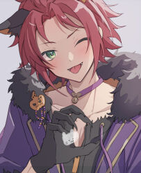 1boy ;p absurdres animal_ears bell bishounen black_collar black_gloves black_shirt blush brooch cat_ears choker closed_mouth collar collarbone curtained_hair ensemble_stars! extra_ears fangs fangs_out fingernails flipped_hair fur_collar gloves grey_background half-heart_hands hand_up highres isara_mao jacket jewelry jingle_bell long_sleeves looking_at_viewer male_focus middle_part neck_bell one_eye_closed pectoral_cleavage pectorals portrait pumpkin_brooch purple_choker purple_jacket red_hair reijiro sharp_fingernails shirt short_hair sidelocks simple_background tongue tongue_out zipper_pull_tab