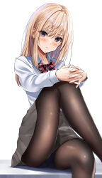 1girl black_pantyhose blonde_hair blush closed_mouth collarbone collared_shirt commentary_request grey_skirt highres hugging_own_legs knee_up long_hair long_sleeves looking_at_viewer original panties panties_under_pantyhose pantyhose pleated_skirt purple_eyes school_uniform scowl shirt sidelocks simple_background sitting skirt underwear white_background white_shirt yukemuriganmo